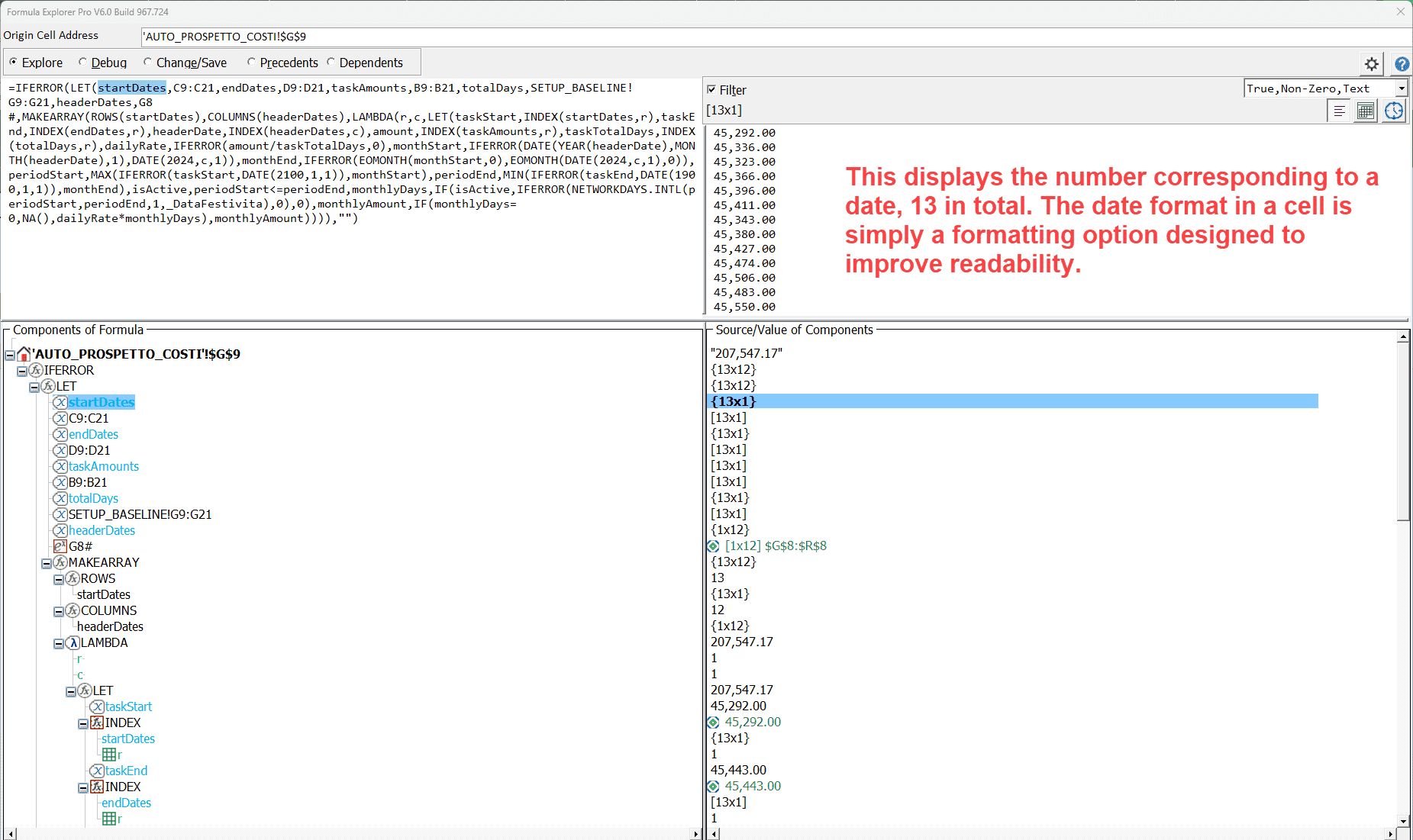 Screenshot: LET startDates selected in the component tree, showing the 13 date values in the right panel