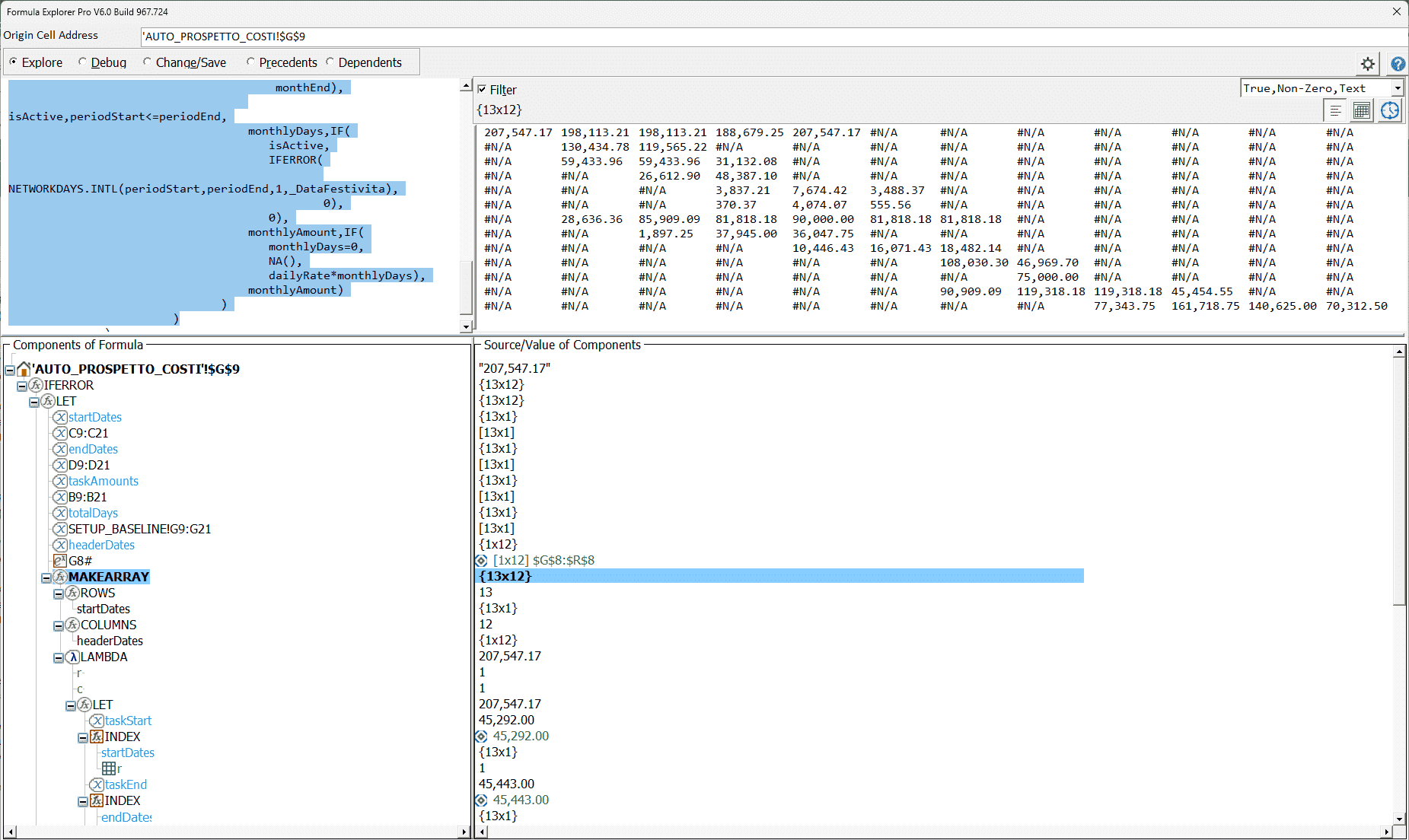 MAKEARRAY overview showing the 13×12 output matrix in the top right panel, filter showing True/Non-Zero/Text