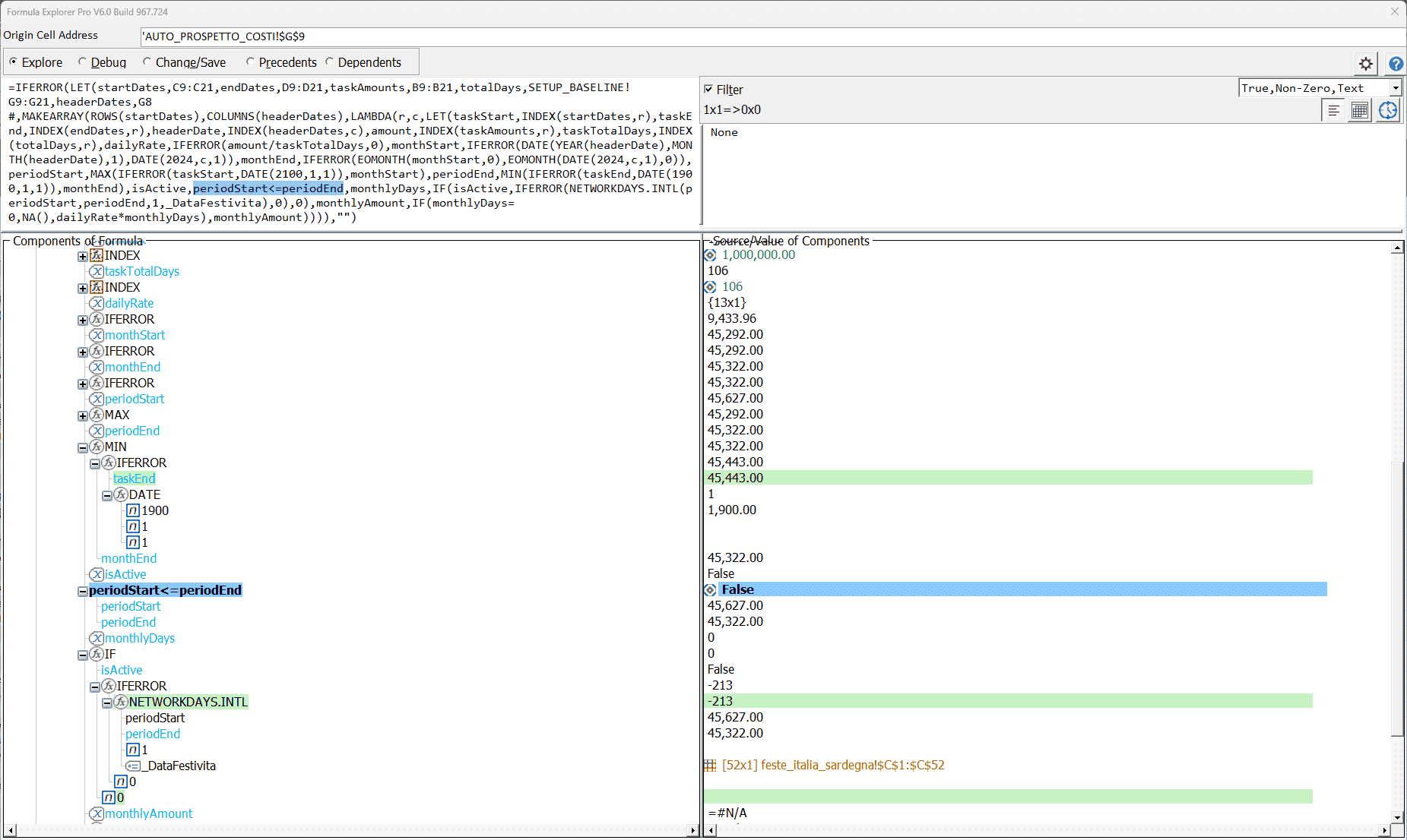 NETWORKDAYS deep dive showing isActive=False, periodStart=45627, periodEnd=45322, the -213 raw result, and _DataFestivita resolving to [52x1] feste_italia_sardegna!$C$1:$C$52