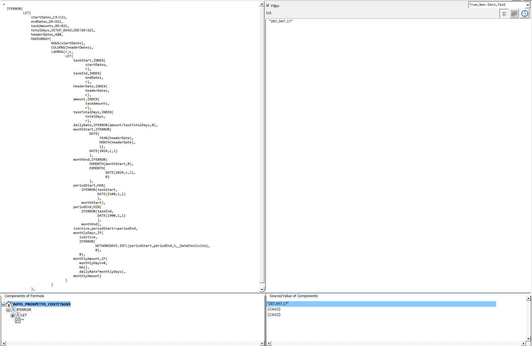 Screenshot of the formula as it appears; the indented tree view showing IFERROR > LET > MAKEARRAY > LAMBDA > inner LET