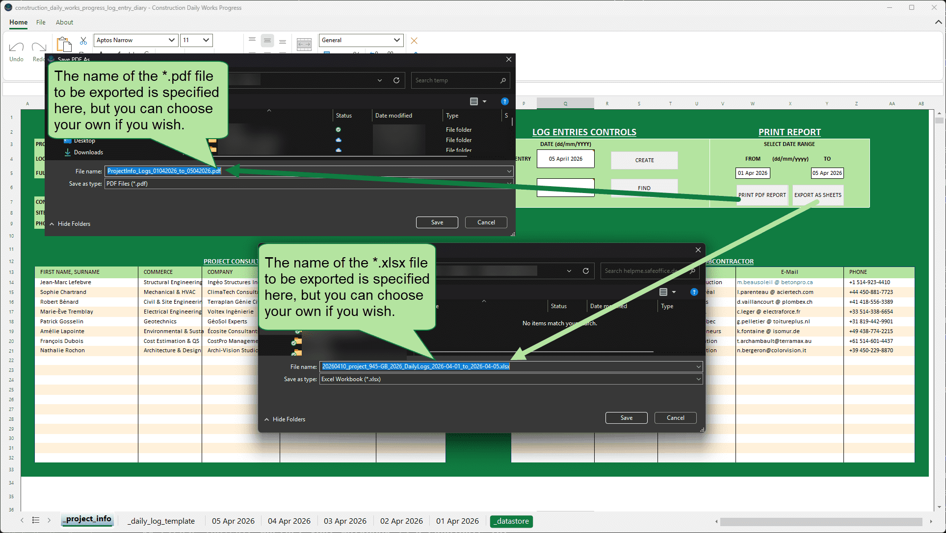 Mit nur einem Klick lassen sich mit dem Tool "Construction site diary" ein PDF mit einer Datengrenze sowie eine XLSX-Datei mit einer Struktur exportieren.